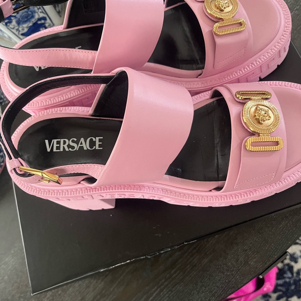 Versace Pink Sandals with Gold Medallions